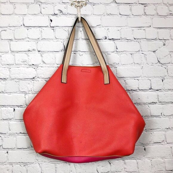 Guess Colorblock Pink Orange Faux Leather Zipper Tote Bag - Picture 6 of 9